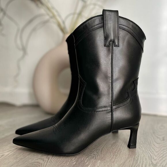 ZARA LEATHER COWBOY HEELED ANKLE BOOTS - Picture 2 of 10